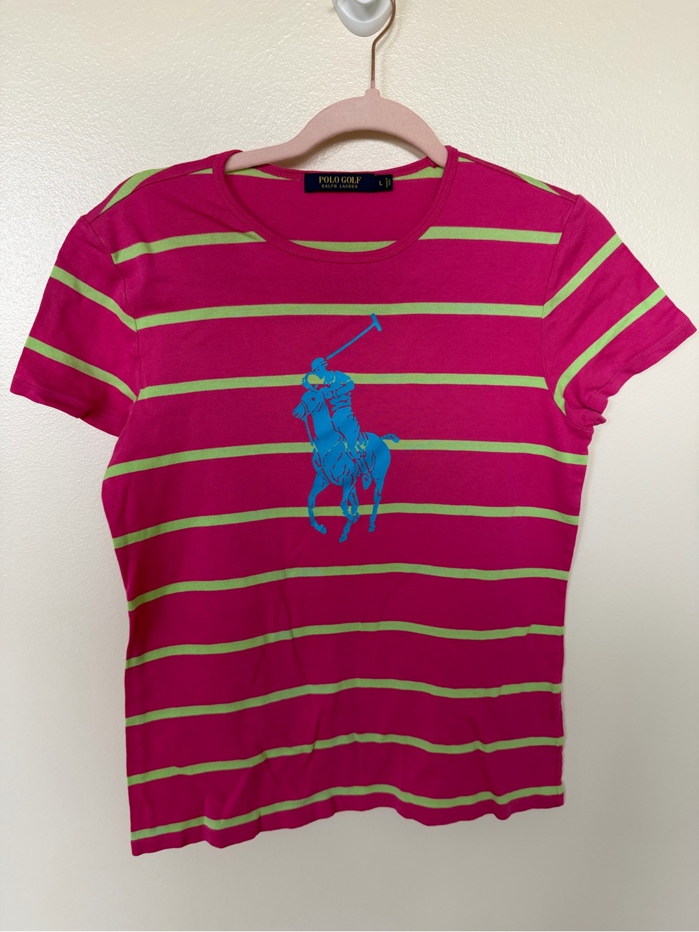 POLO GOLF Pink & Green Stripe Large Polo Logo Tee